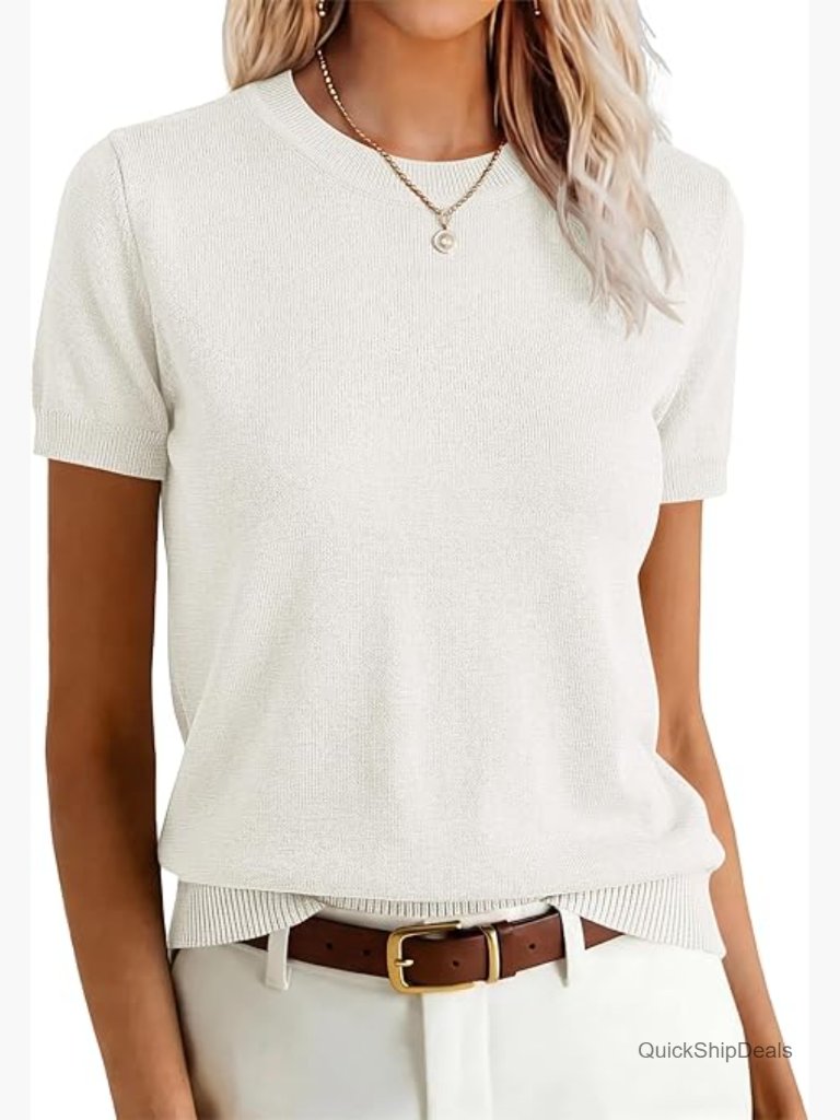 Short Sleeve Wool Blend Pullover Sweater For Women Business Casual Work Tops